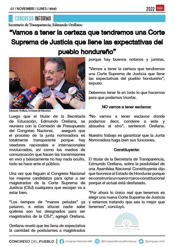 Edmundo Orellana: “Vamos a tener la certeza que tendremos una Corte Suprema de Justicia que llene las expectativas del pueblo hondureño”